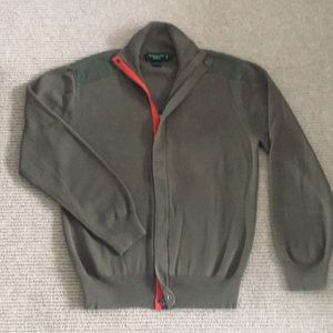 Shanghai Tang full zip mock sweater orange accent